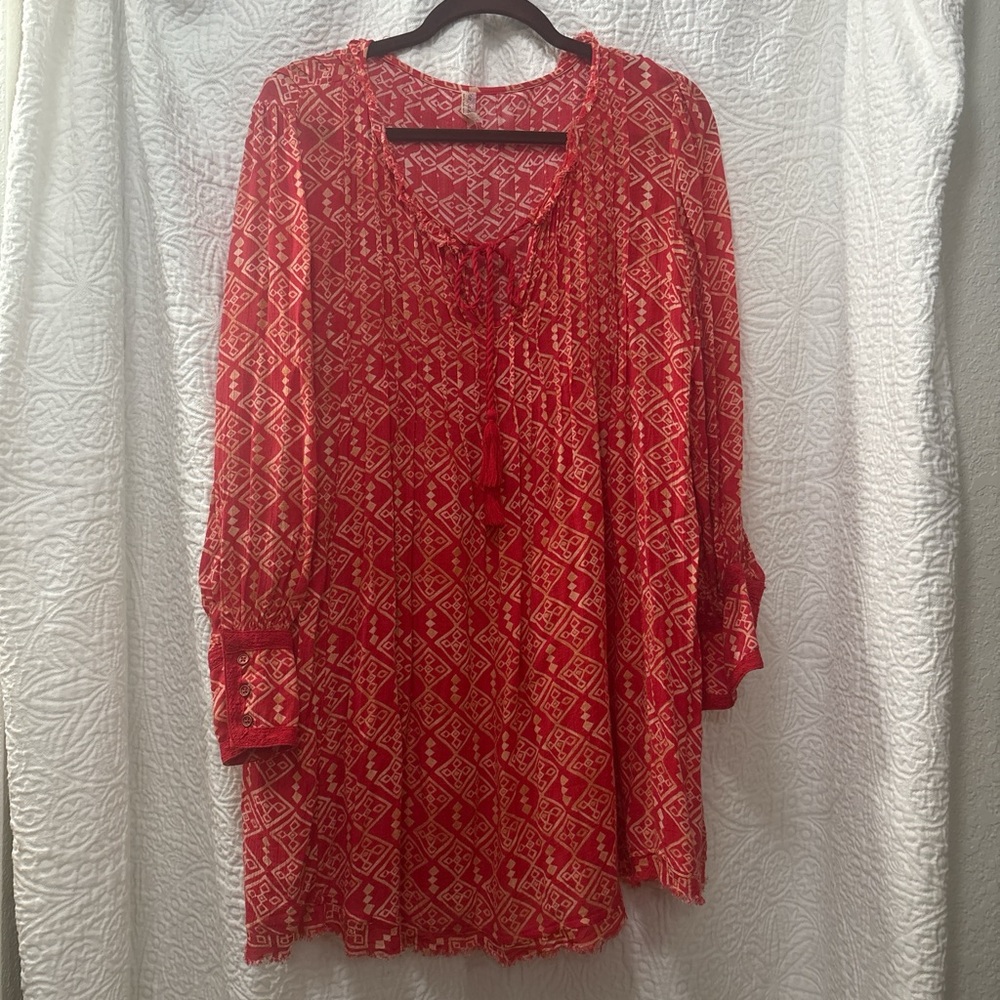 Free People Red and Cream Geometric Blouse